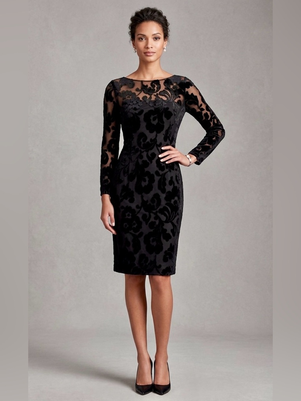 Vintage 60s Anne Fogarty for Lord & Taylor Black Floral Velvet Burnout Dress